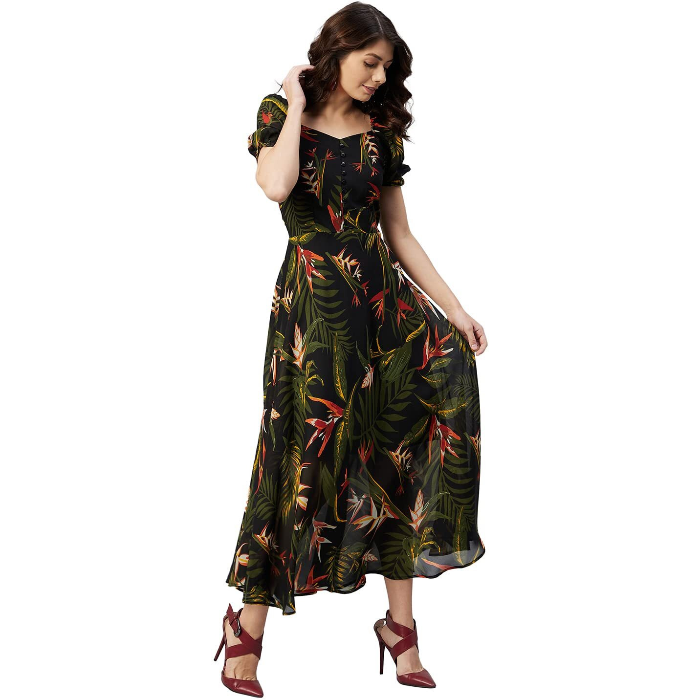 Rare Women's Georgette Fit And Flare Maxi Dress (Ep6218_Black_L)