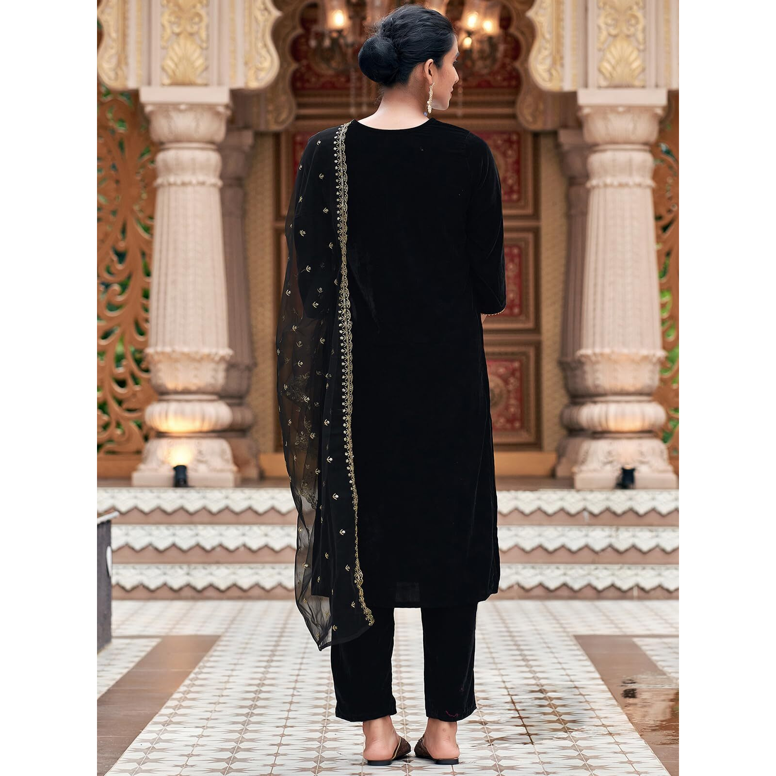 Sanisa Women's Velvet Sequins And Embroidery Work Straight Kurta With Pant And Dupatta Set (224Kbd2378N-M_Black)