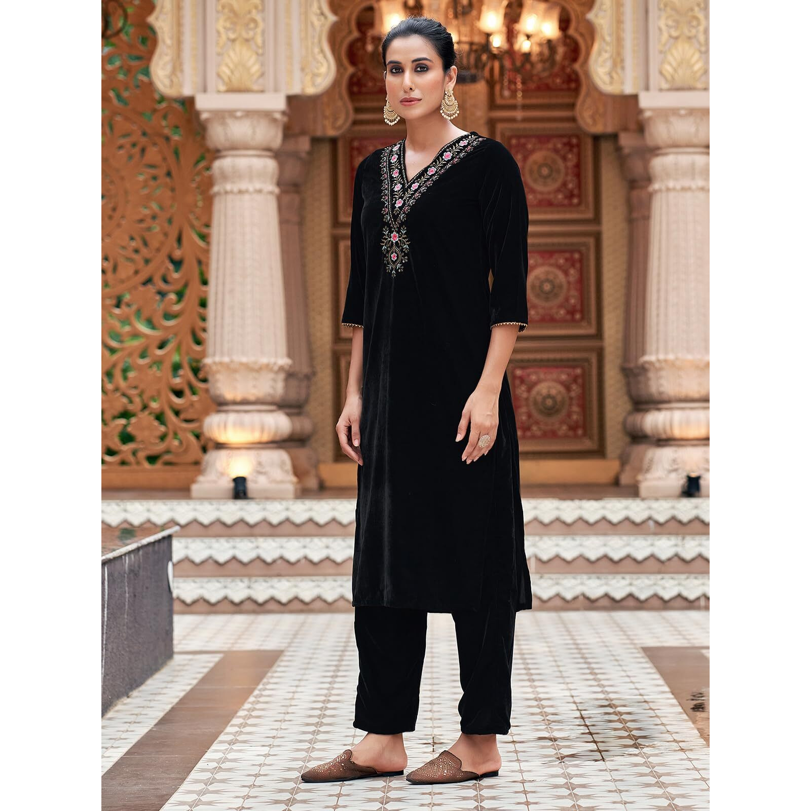 Sanisa Women's Velvet Sequins And Embroidery Work Straight Kurta With Pant And Dupatta Set (224Kbd2378N-M_Black)