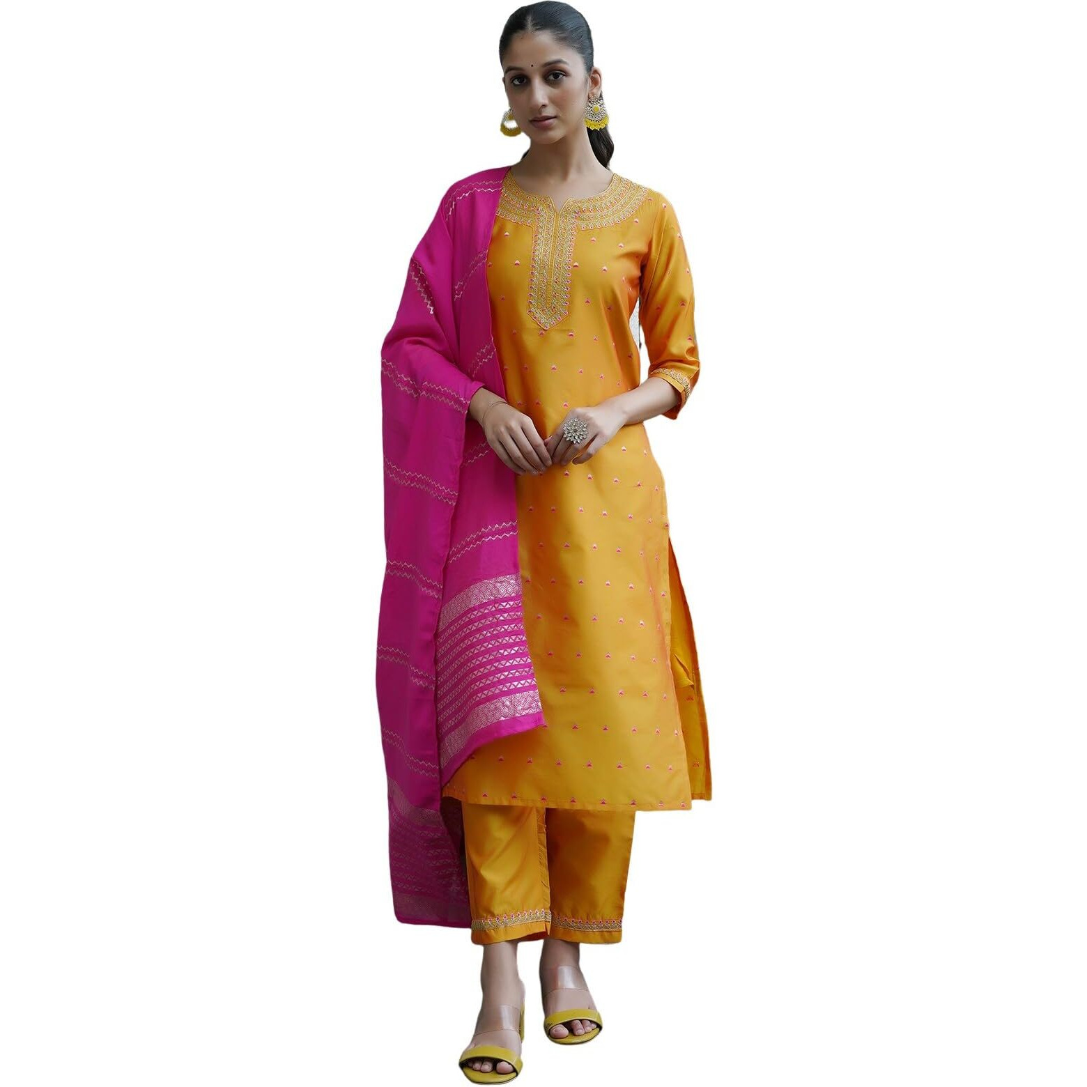 Sanisa Women's Silk Blend Embroidery And Jaquard Work Straight Kurta With Pant And Dupatta Set (164Kbd1763N-Xxl_Yellow2)