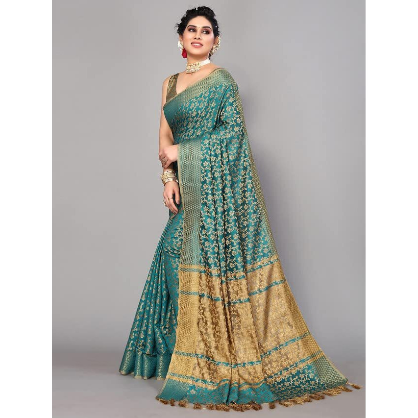 Satrani Women's Cotton Silk Banarasi Jacquard & Tassel Saree With Unstitched Blouse Piece(2963S5534N_Rama Green & Beige)