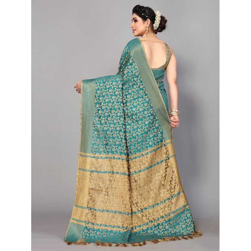 Satrani Women's Cotton Silk Banarasi Jacquard & Tassel Saree With Unstitched Blouse Piece(2963S5534N_Rama Green & Beige)
