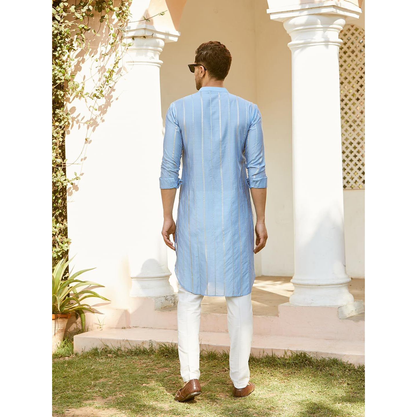 See Designs Men Full Sleeve Turquoise Blue Chanderi Silk Sequins Mandarin Collar Side Slit Kurta - Sdmkt1444L
