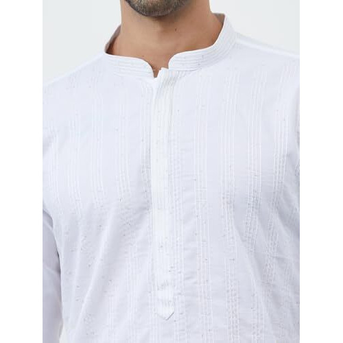 See Designs Men White Cotton Thread Work & Sequince Kurta Long Sleeves_Sdkt1426S