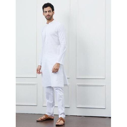 See Designs Men White Cotton Thread Work & Sequince Kurta Long Sleeves_Sdkt1426S