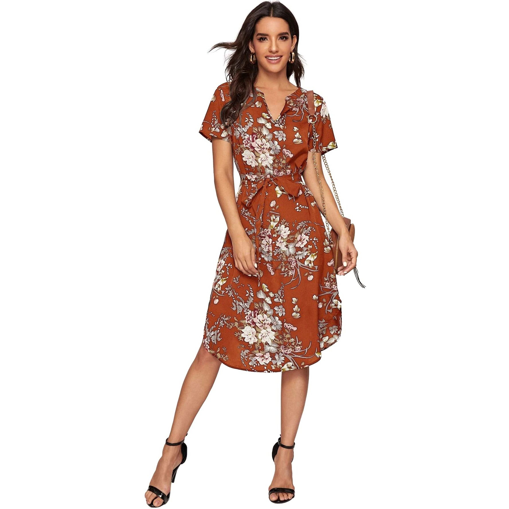 Shasmi Women's Rayon Blend A-Line Knee-Length Notch Neck Split Curved Hem Belted Dress (Stylish Western Party Maroon_M)