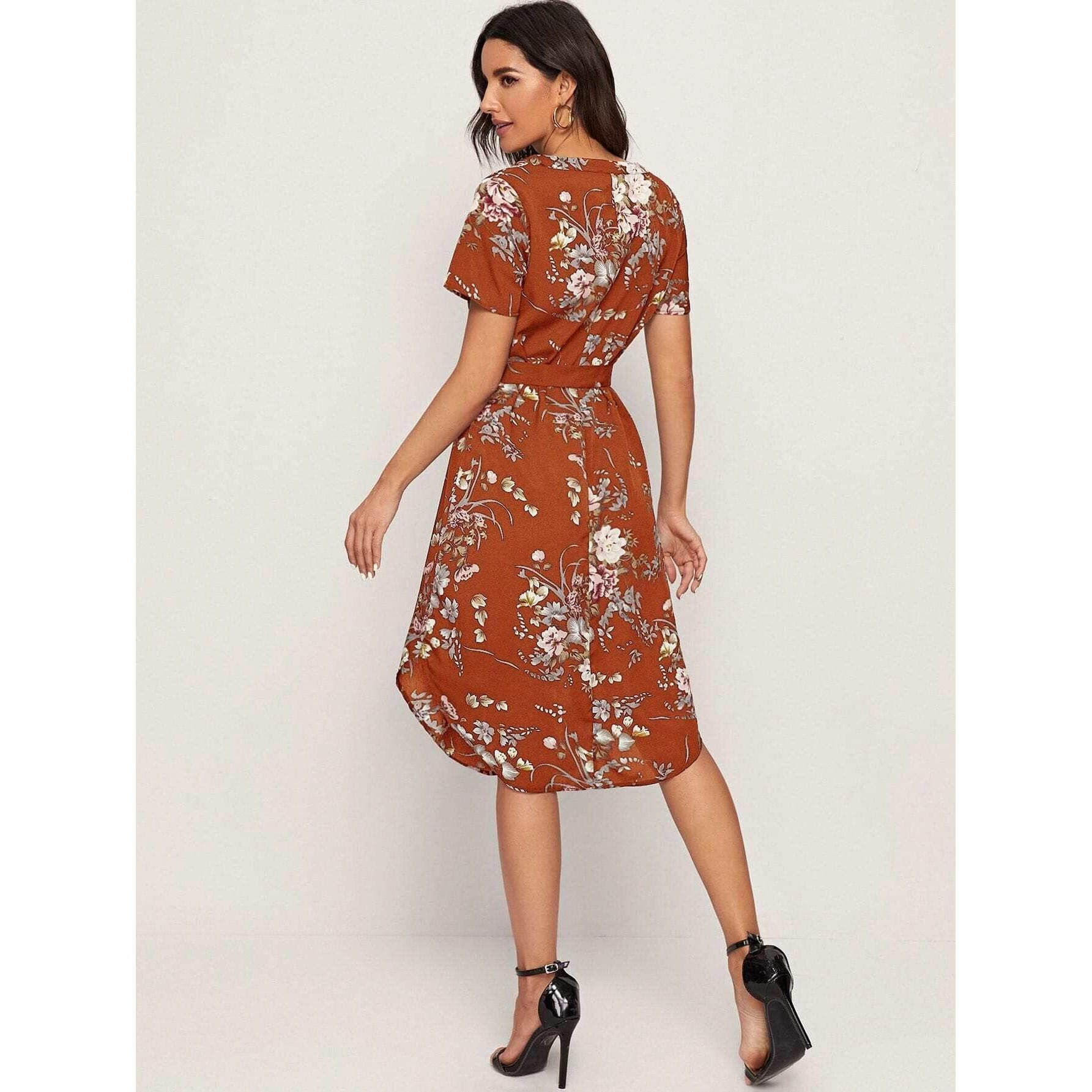 Shasmi Women's Rayon Blend A-Line Knee-Length Notch Neck Split Curved Hem Belted Dress (Stylish Western Party Maroon_M)