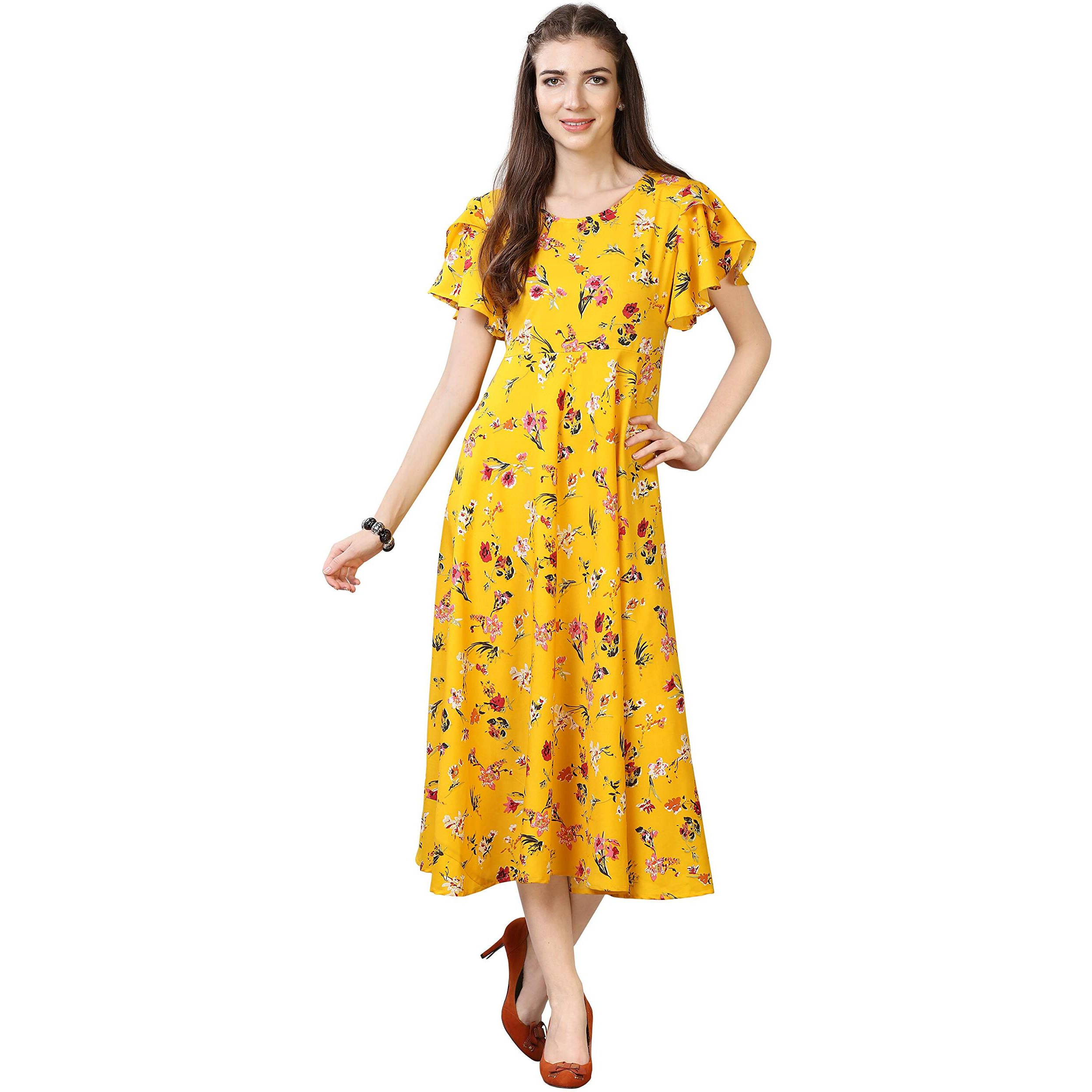 Oomph Women's Western & Fusion Wear Midi Dresses For Women, Beach, Yellow - Md53
