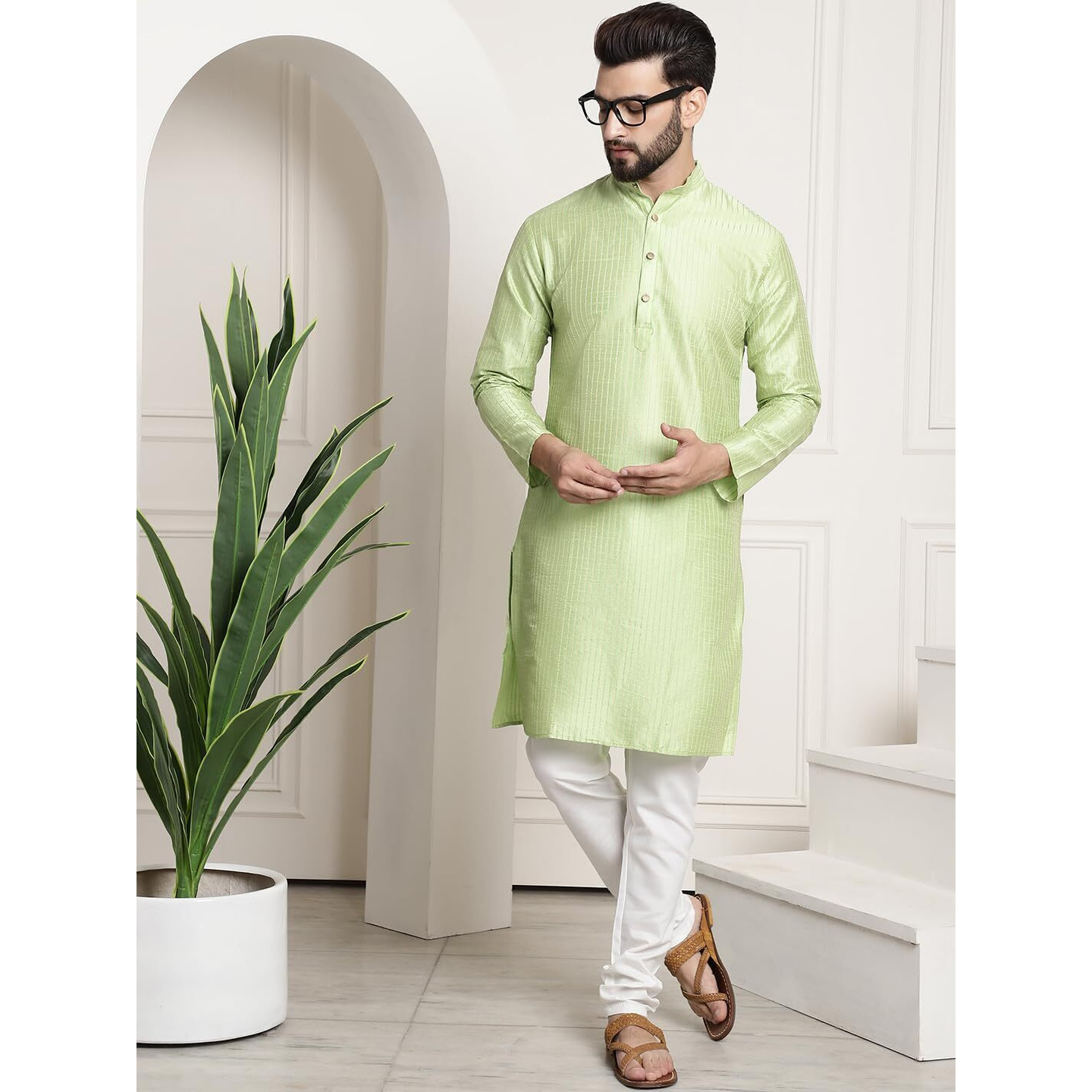 Sojanya (Since 1958 Men's Silk Blend Green Pintex Kurta And White Churidar Pyjama Set