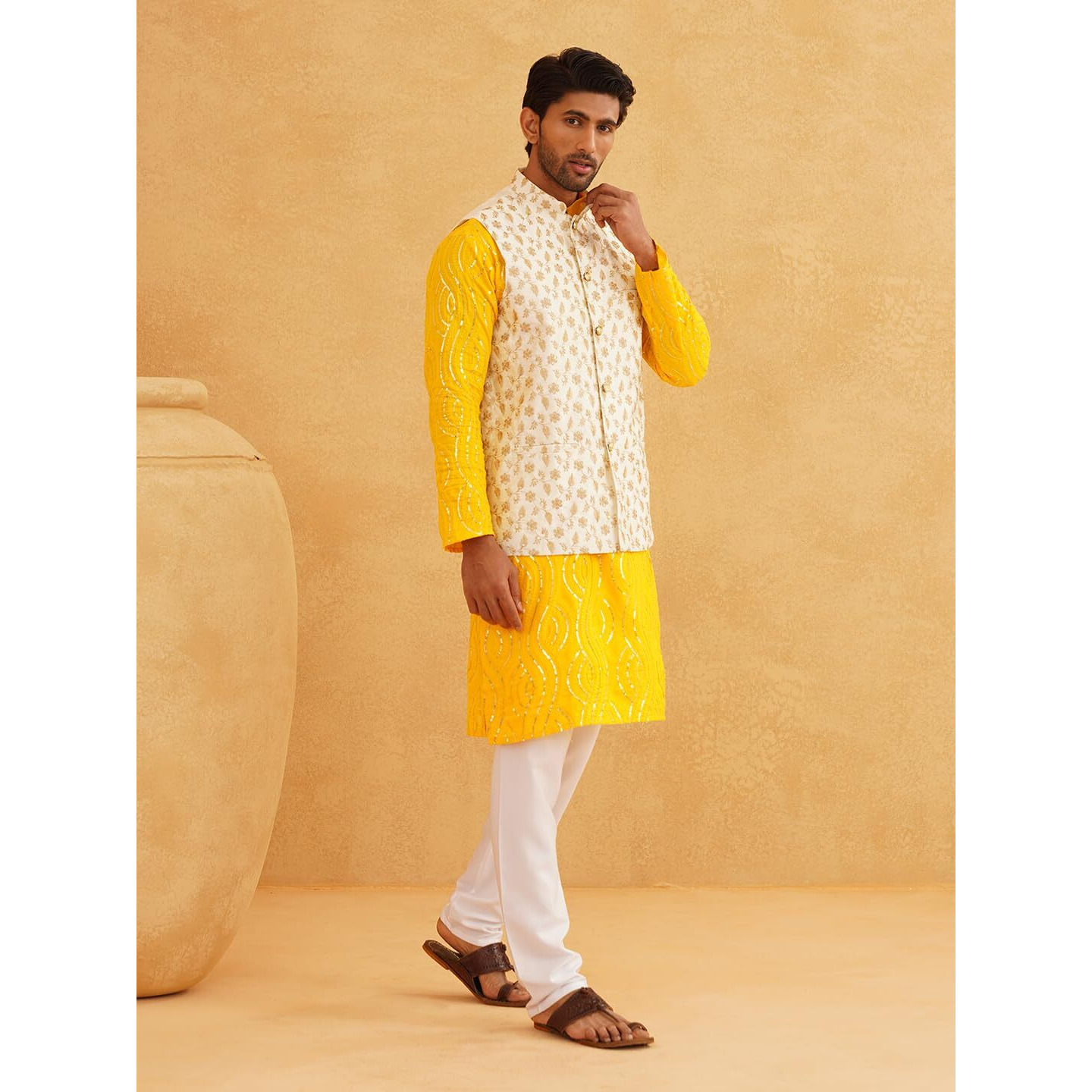 Sojanya (Since 1958 Men's Pure Cotton Mustard Kurta And White Pyjama With Cream Embroidery Nehru Jacket