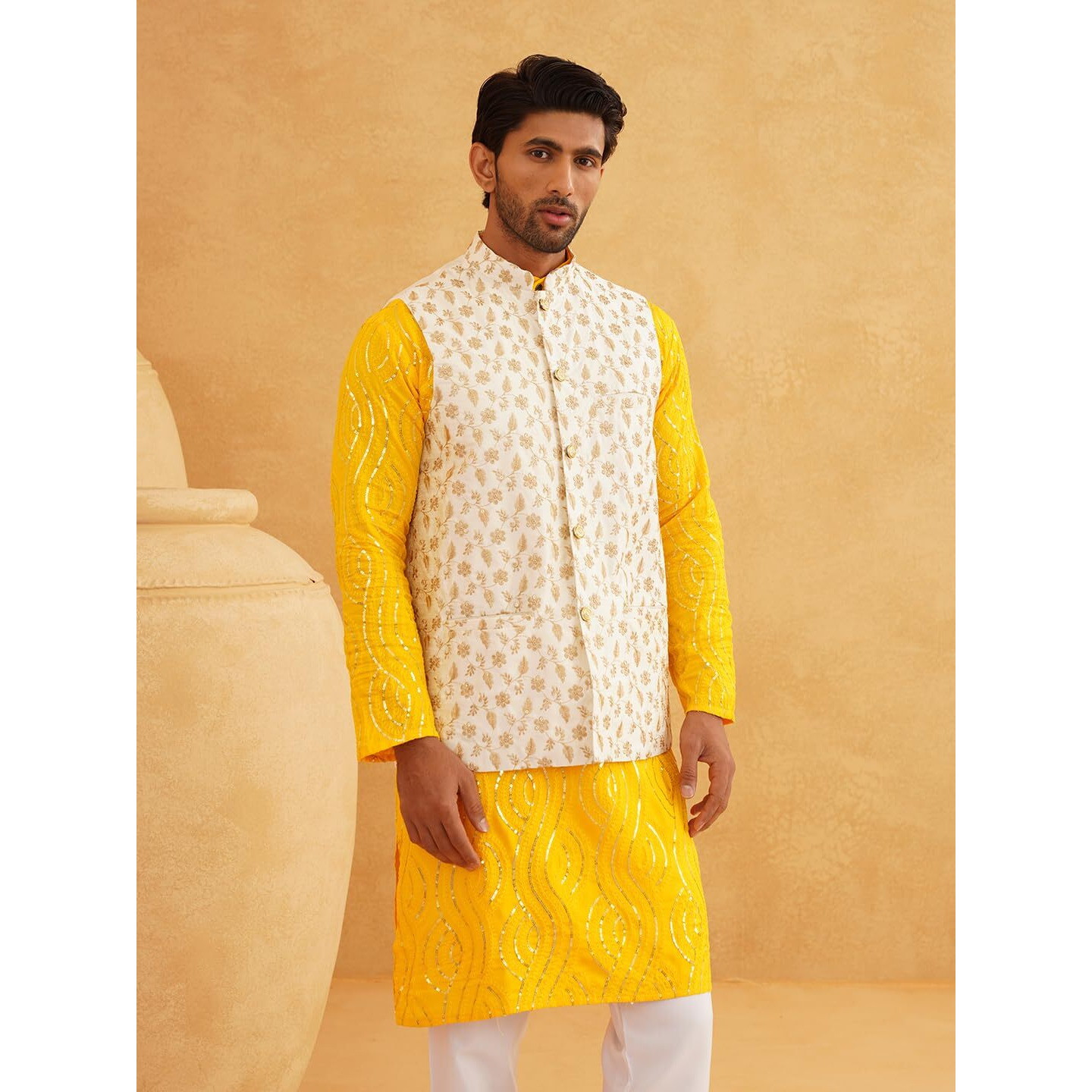 Sojanya (Since 1958 Men's Pure Cotton Mustard Kurta And White Pyjama With Cream Embroidery Nehru Jacket