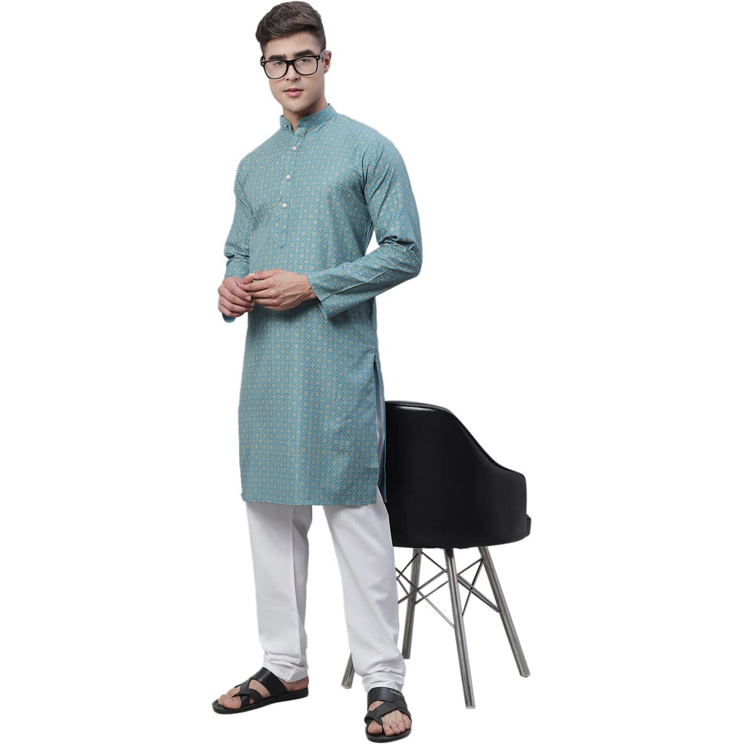 Sojanya (Since 1958 Men's Cotton Linen Peackok Blue Foil Printed Kurta And White Pyjama Set