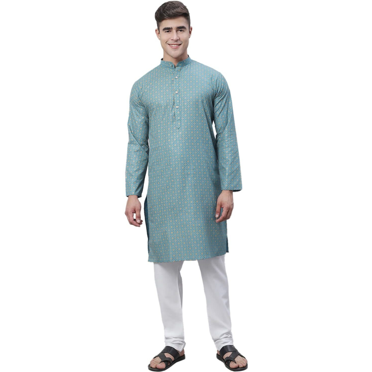 Sojanya (Since 1958 Men's Cotton Linen Peackok Blue Foil Printed Kurta And White Pyjama Set