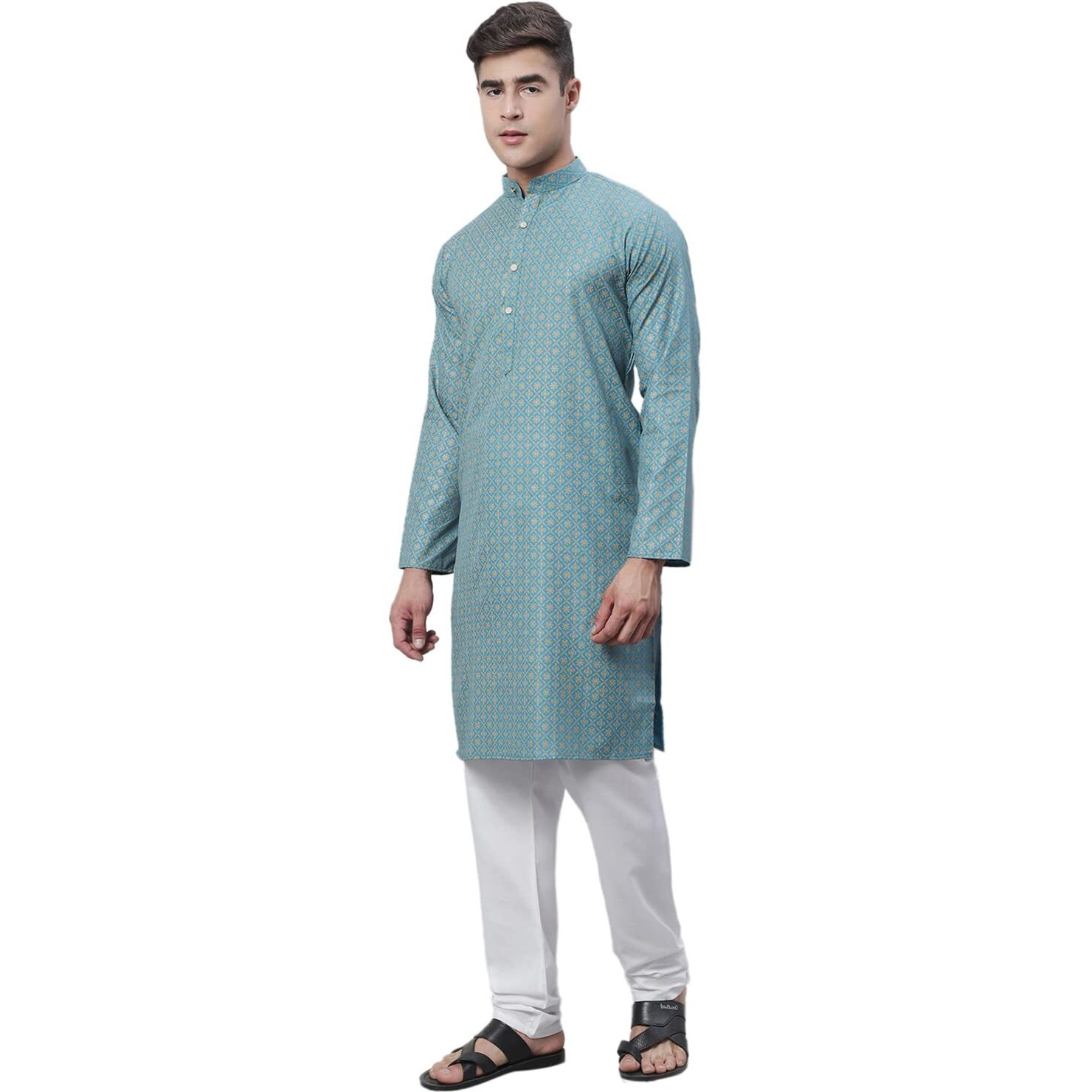 Sojanya (Since 1958 Men's Cotton Linen Peackok Blue Foil Printed Kurta And White Pyjama Set