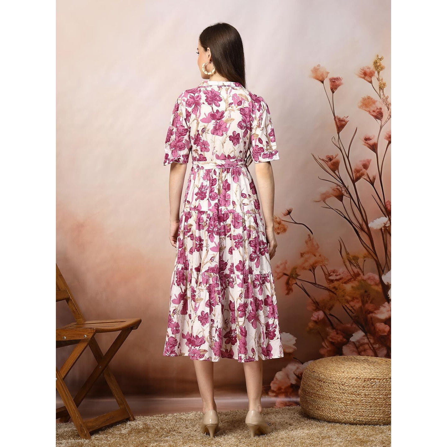 Stylum Women's Floral Printed Cotton Flared Dress (Drsmagentakinnu42_Magenta, Xl)