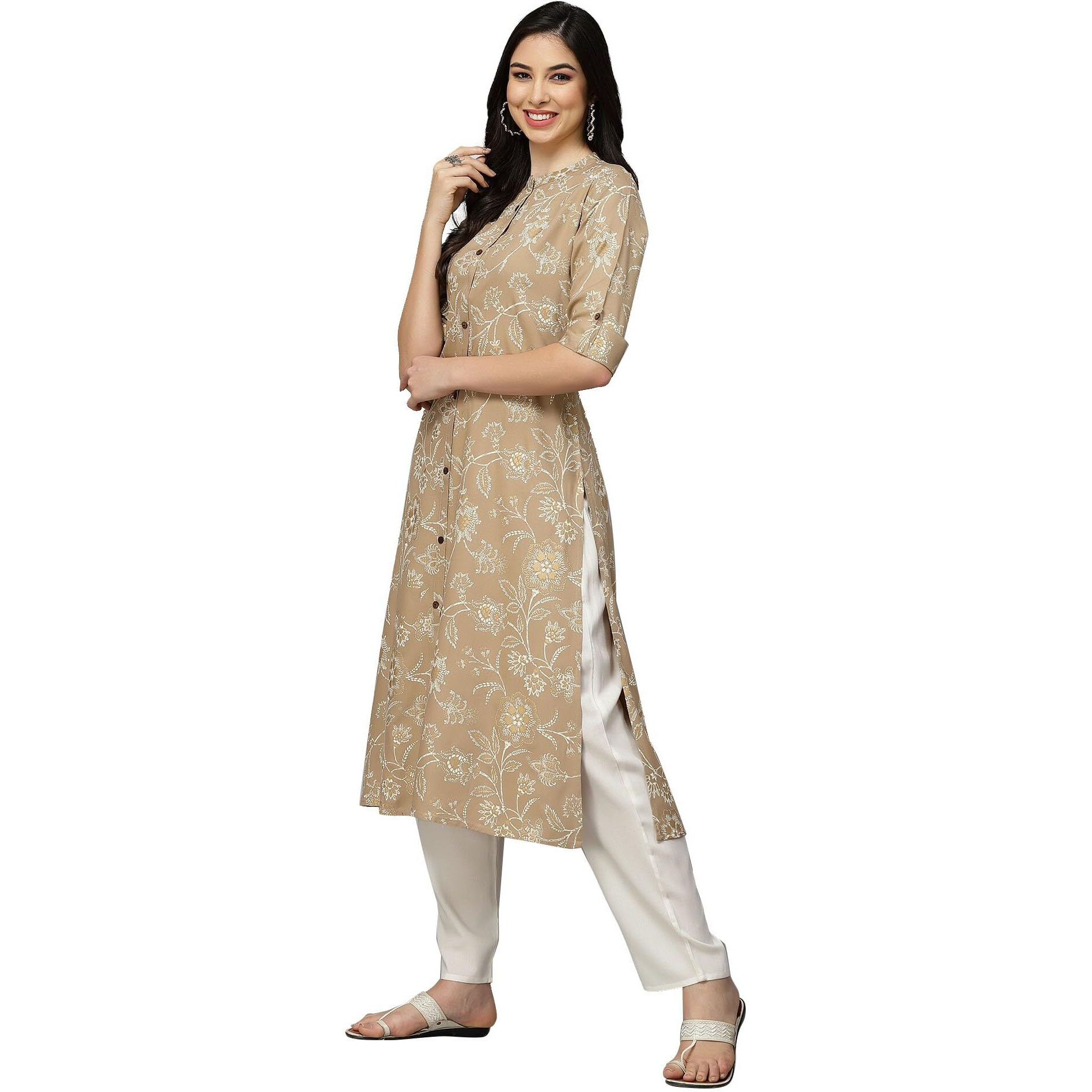 Stylum Women's Floral Print Rayon A-Line Kurta (Fionabeige36_Beige, S)