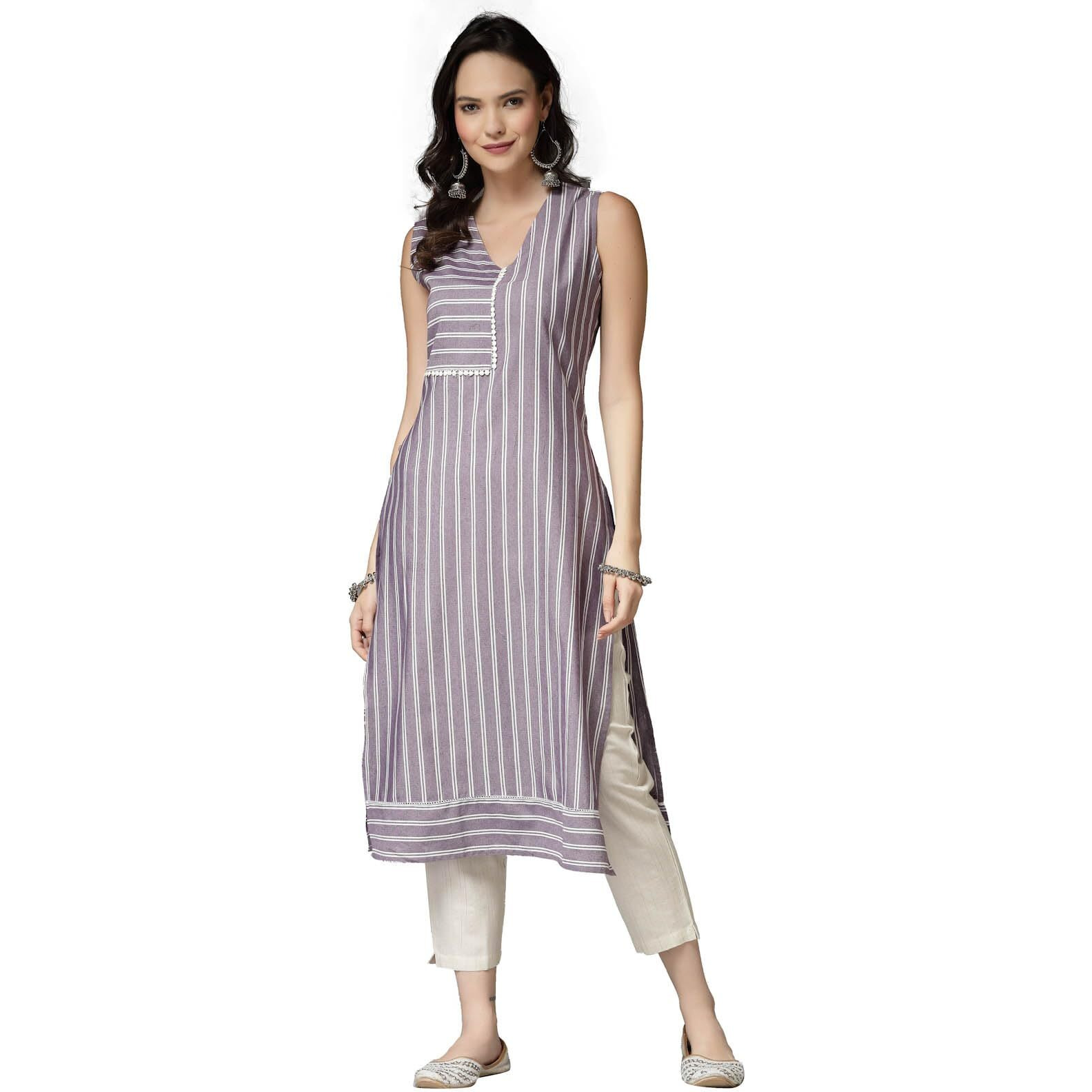 Stylum Women's Woven Striped Cotton Blend Straight Kurta (Xtatoomauve38_Mauve, M)