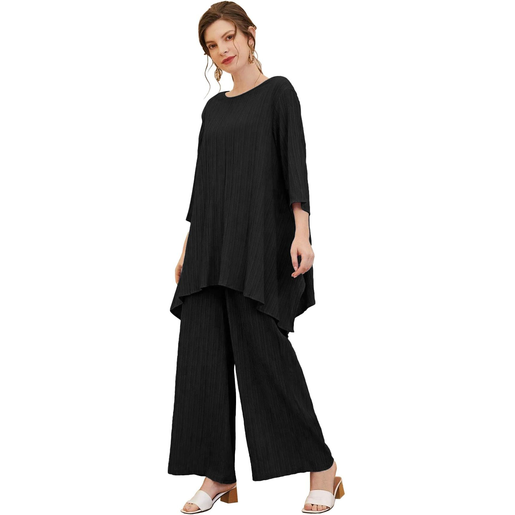 Tadkee Women's Solid Color Round Neck 3/4 Sleeve Co-Ord Set | Casual Wear Co Ord Set | Kurta Set For Women (Fn-Round-Sugar-Cord-124-Black-S)