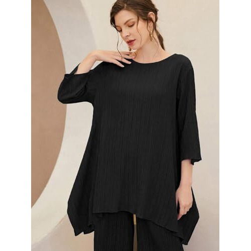 Tadkee Women's Solid Color Round Neck 3/4 Sleeve Co-Ord Set | Casual Wear Co Ord Set | Kurta Set For Women (Fn-Round-Sugar-Cord-124-Black-S)