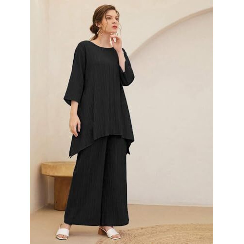 Tadkee Women's Solid Color Round Neck 3/4 Sleeve Co-Ord Set | Casual Wear Co Ord Set | Kurta Set For Women (Fn-Round-Sugar-Cord-124-Black-S)