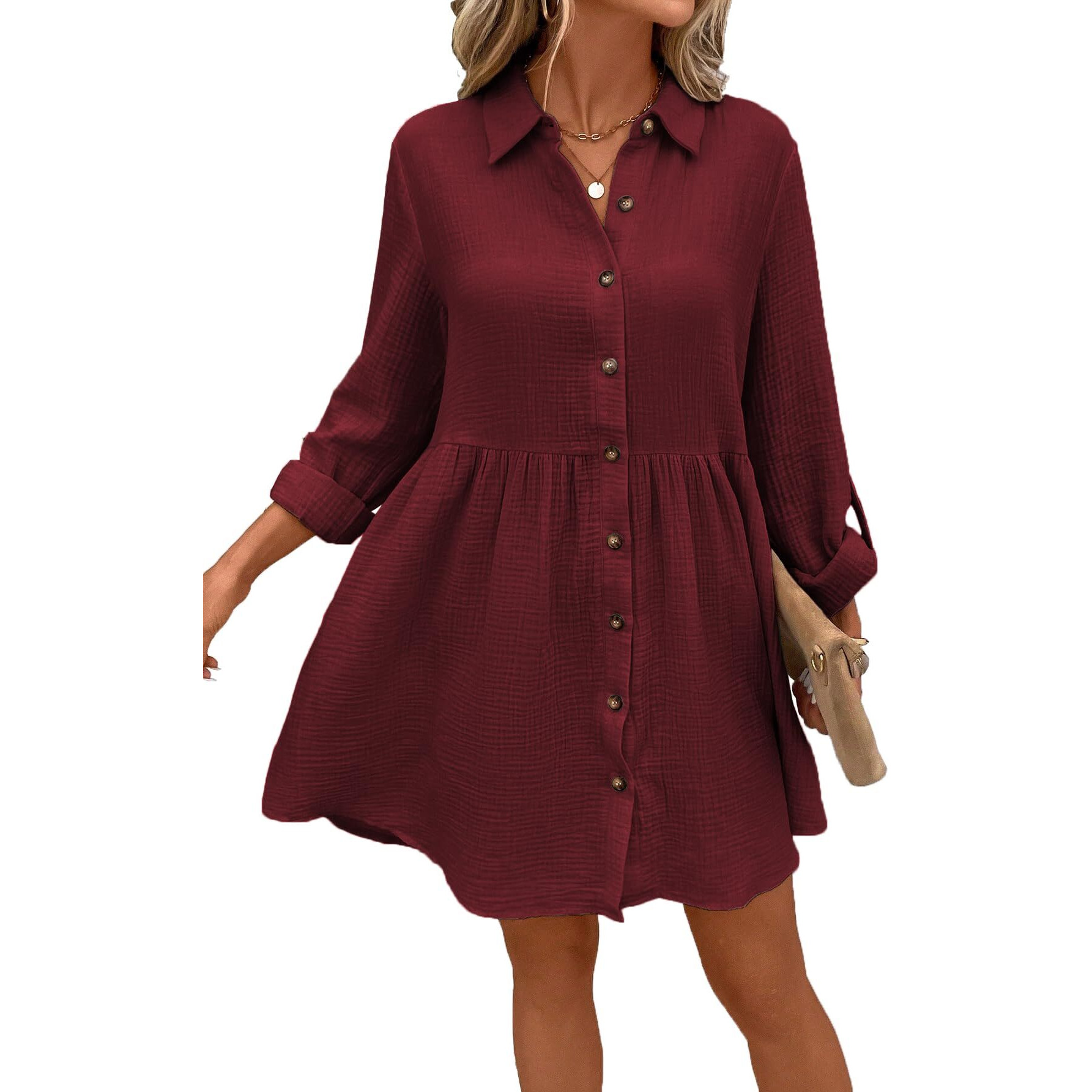 Tadkee Women's Polyester Classic Above The Knee Casual Dress (Fn-Pop-Dress-131-Maroon-S_Maroon