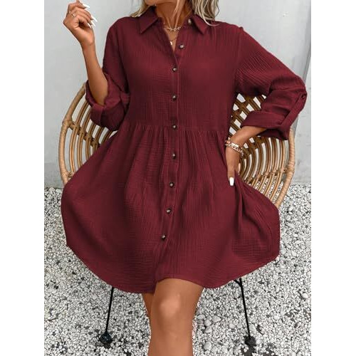 Tadkee Women's Polyester Classic Above The Knee Casual Dress (Fn-Pop-Dress-131-Maroon-S_Maroon