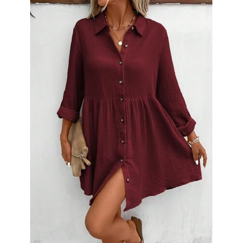 Tadkee Women's Polyester Classic Above The Knee Casual Dress (Fn-Pop-Dress-131-Maroon-S_Maroon