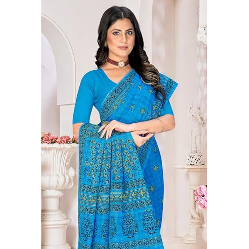 Tamaira Fashion Women's Printed Pure Cotton Mulmul Saree Without Blouse Piece(11617_Turquoise)