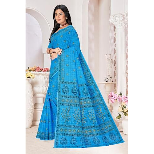 Tamaira Fashion Women's Printed Pure Cotton Mulmul Saree Without Blouse Piece(11617_Turquoise)