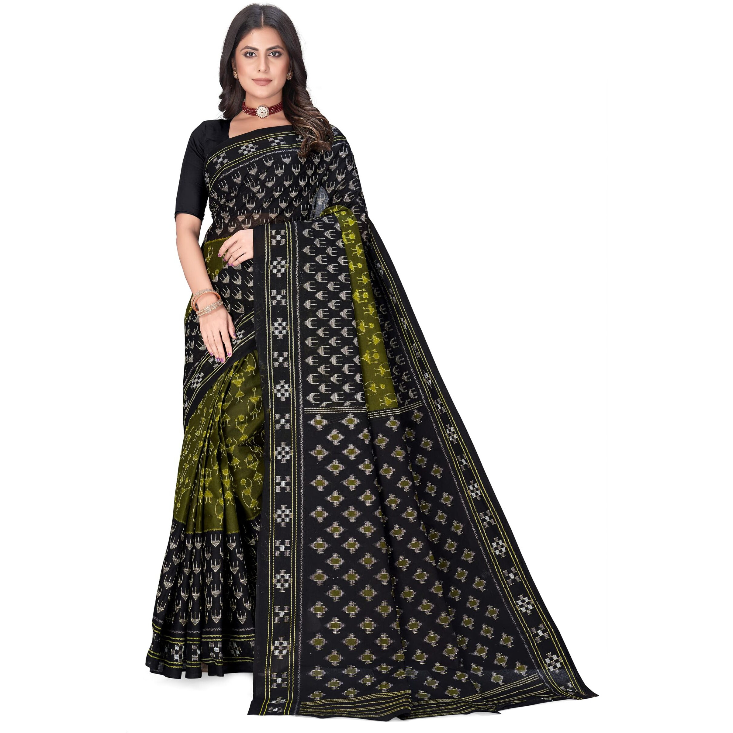 Tamaira Fashion Women's Warli Printed Sambalpuri Pure Cotton Mulmul Saree Without Blouse Piece(11481_Mehendi)