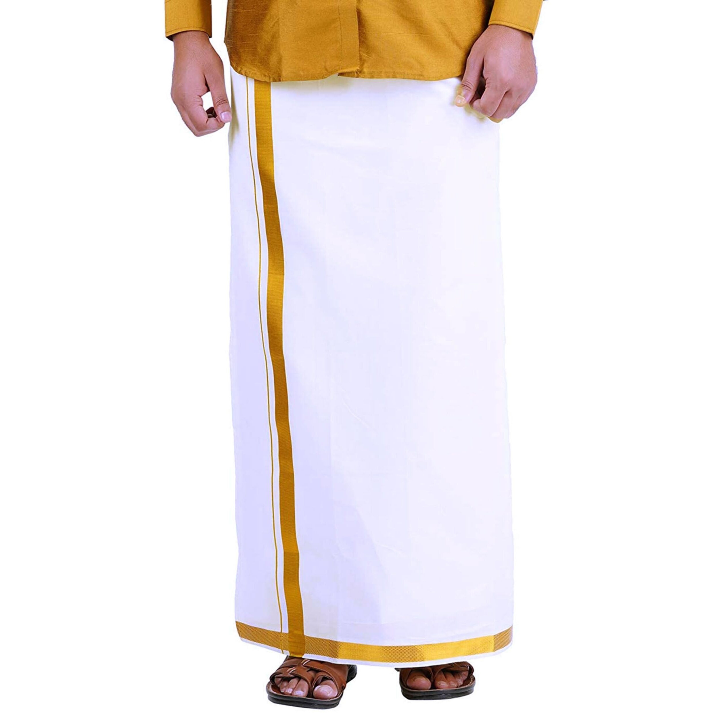 Prakasam Cotton Mens Ss Gold Jari Border Flexi Size Welcro Pocket Dhoti (Small, White)