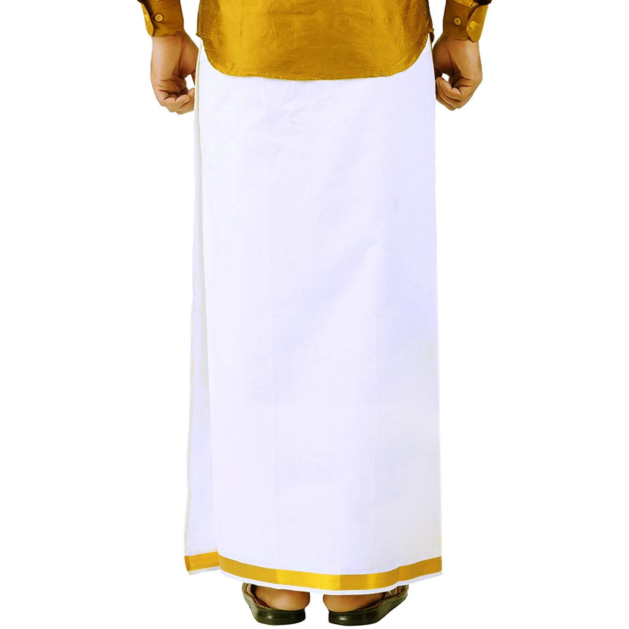 Prakasam Cotton Mens Ss Gold Jari Border Flexi Size Welcro Pocket Dhoti (Small, White)