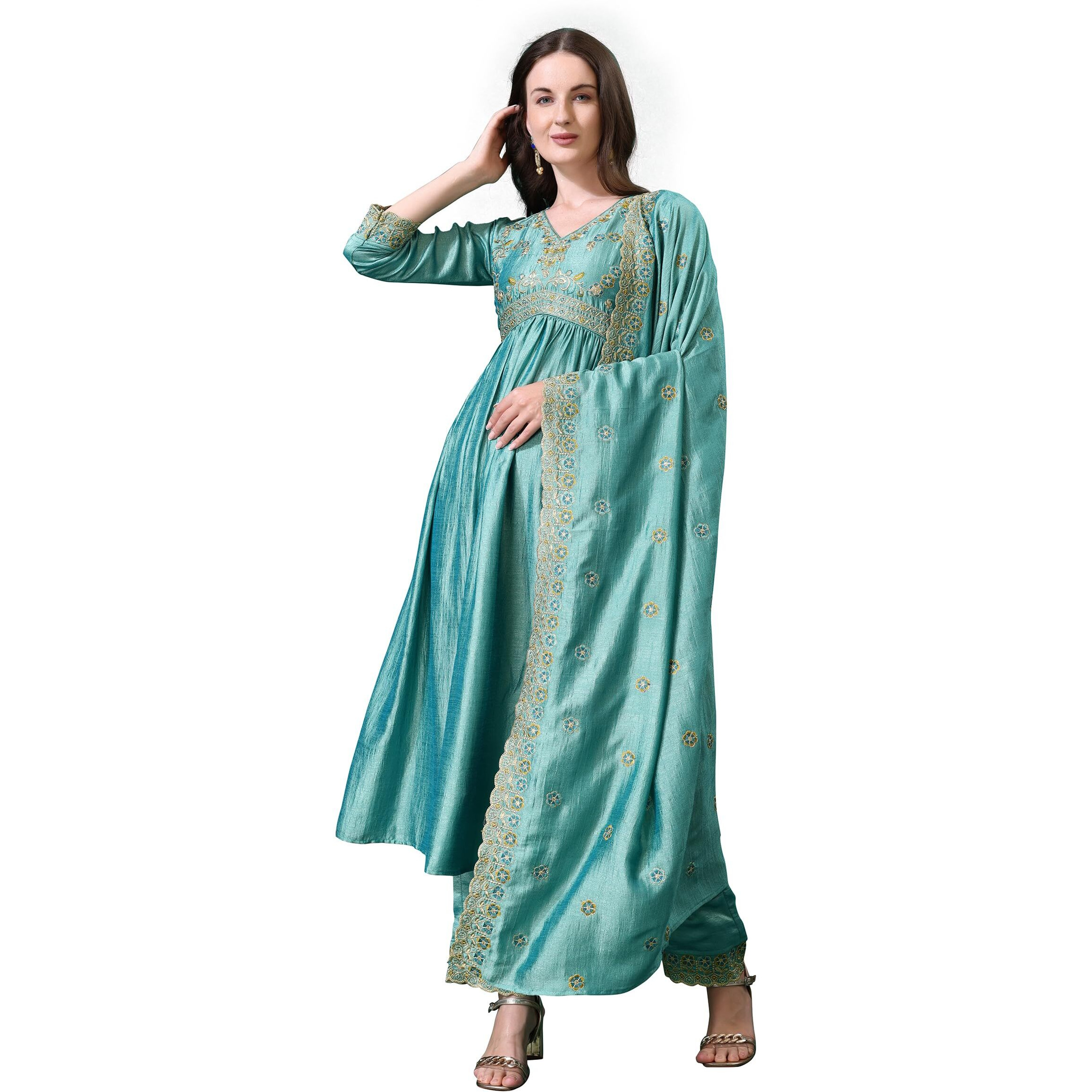 Pratham Blue Women's Silk Embroidered Anarkali Kurta Palazzos With Dupatta |Kurta Set For Women |Women Kurta |Women Embroidered Kurta Sets Kurtis (Bkp-1006-S_Green)