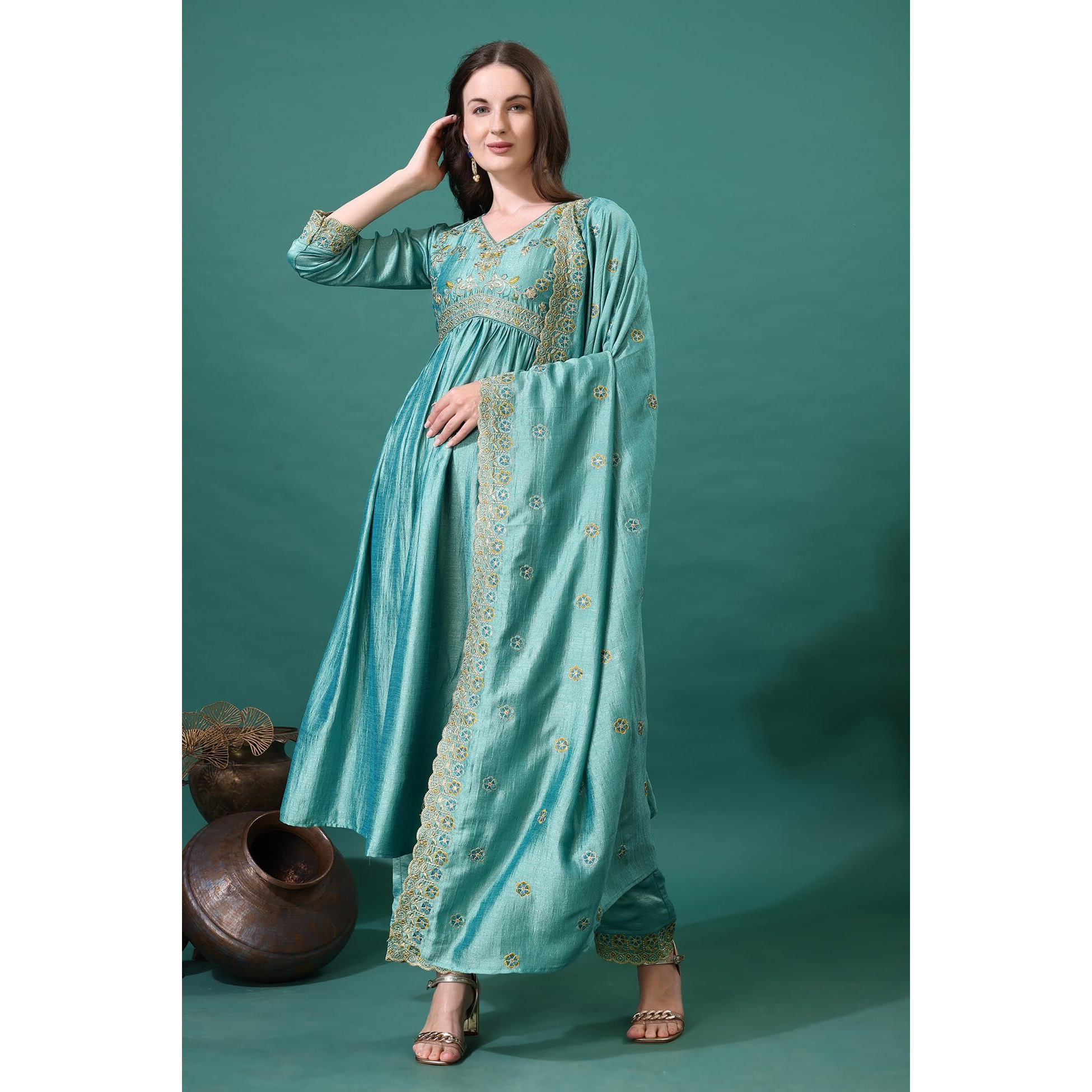 Pratham Blue Women's Silk Embroidered Anarkali Kurta Palazzos With Dupatta |Kurta Set For Women |Women Kurta |Women Embroidered Kurta Sets Kurtis (Bkp-1006-S_Green)