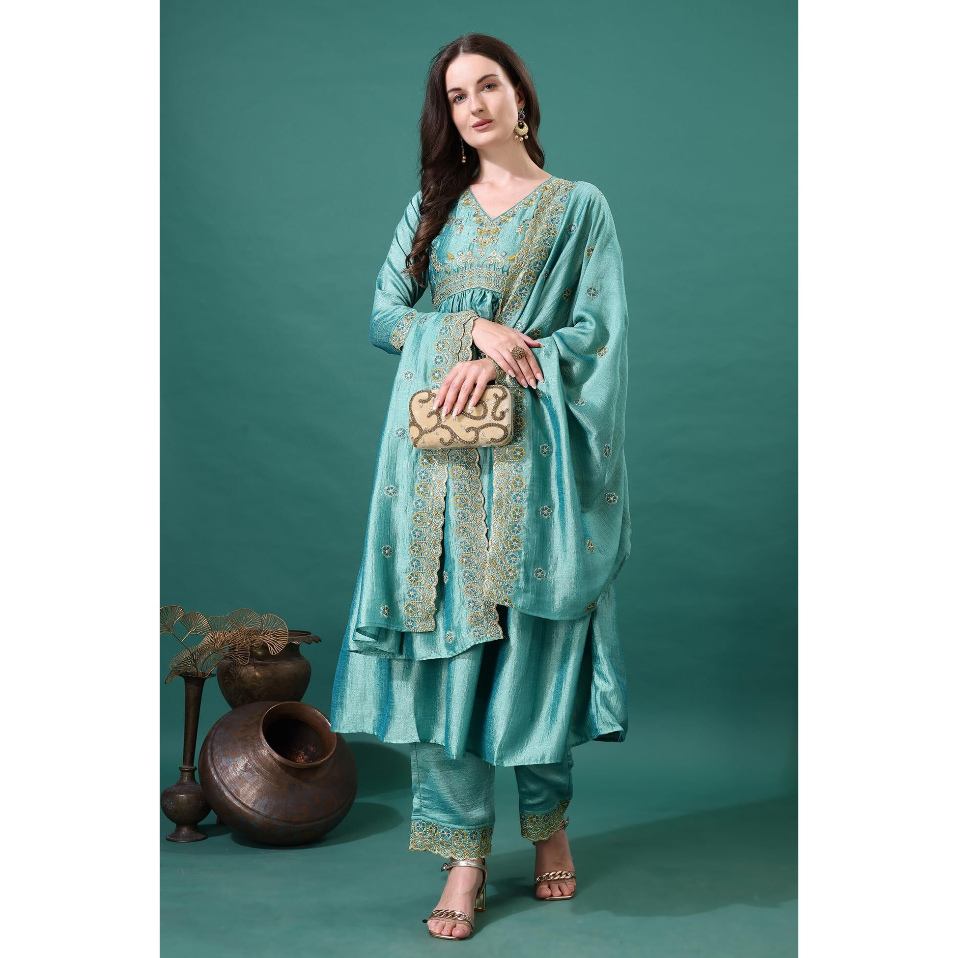 Pratham Blue Women's Silk Embroidered Anarkali Kurta Palazzos With Dupatta |Kurta Set For Women |Women Kurta |Women Embroidered Kurta Sets Kurtis (Bkp-1006-S_Green)