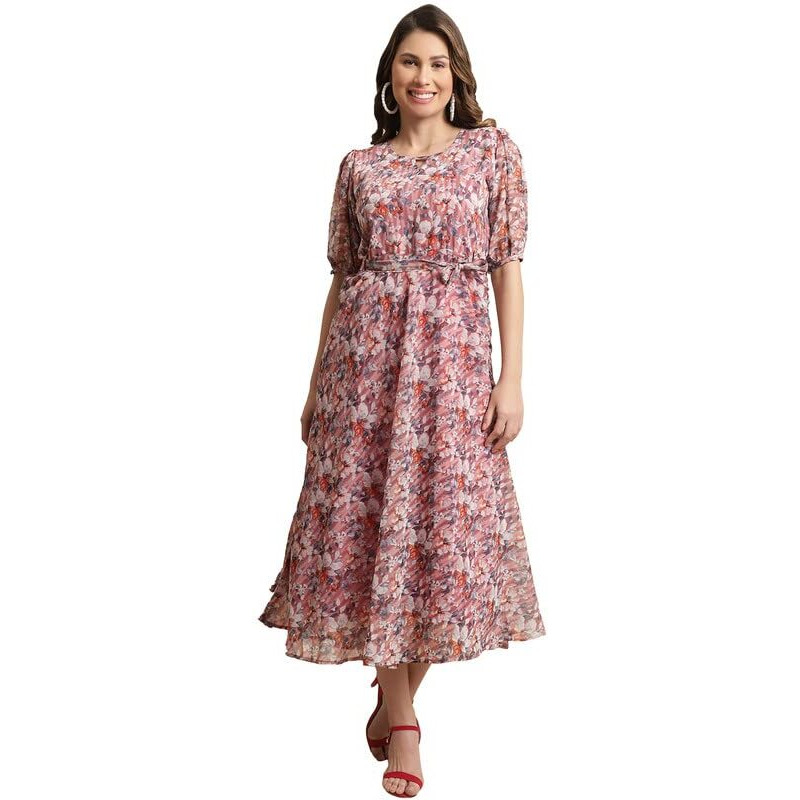 Preneum Women's Maxi Fit & Flare Print Georgette Regular Sleeves Casual |Summer |Latest Style |Festival & Occasion Maxi Gown(Maxi-N-29_L) Peach