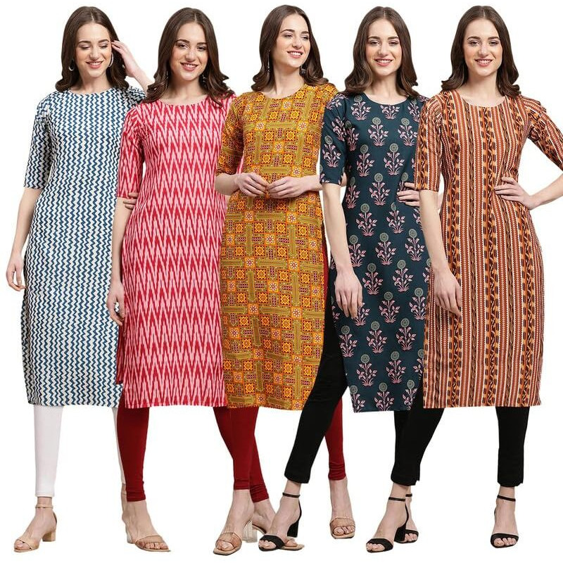 Pinkmint Crepe Digital Printed Kurti For Womens Straight Kurti For Women (Pack Of 5)