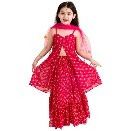 Pspeaches Girls Magenta Gold-Toned Embellished Ready To Wear Lehenga Choli (Pink-5-6Y)