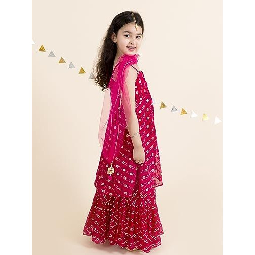 Pspeaches Girls Magenta Gold-Toned Embellished Ready To Wear Lehenga Choli (Pink-5-6Y)