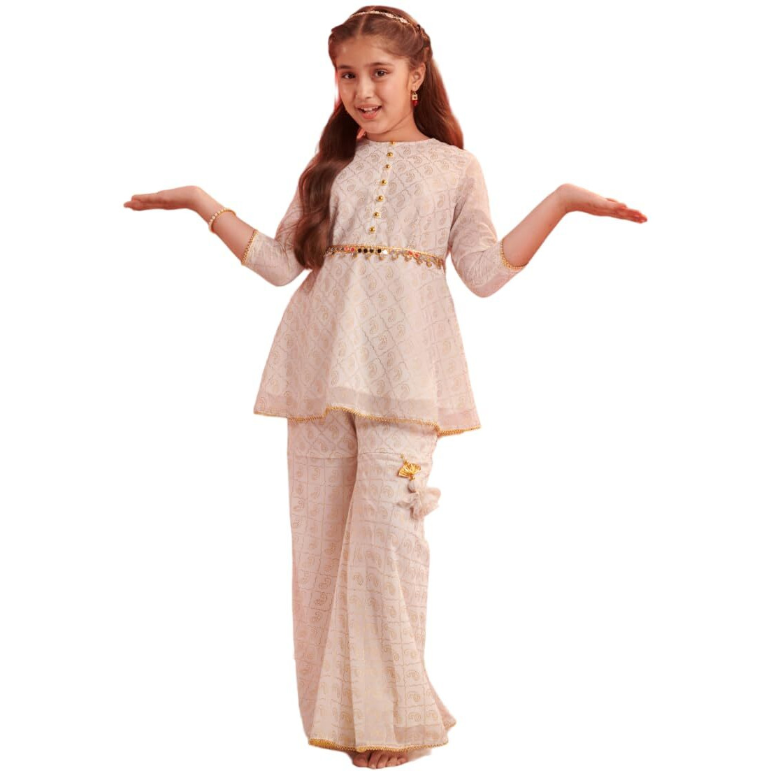 Pspeaches Girl's Georgette Sharara Set (Sha-Ambifoil-14-15Y_White