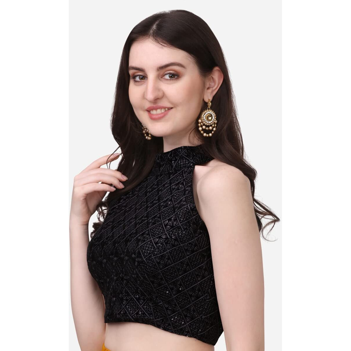 Pujia Mills Women's Black Sleeveless Blouse For Women Halter Neck Chickenkari Sequins Work Readymade Saree Blouse (Diamond Halter Neck Black 36)