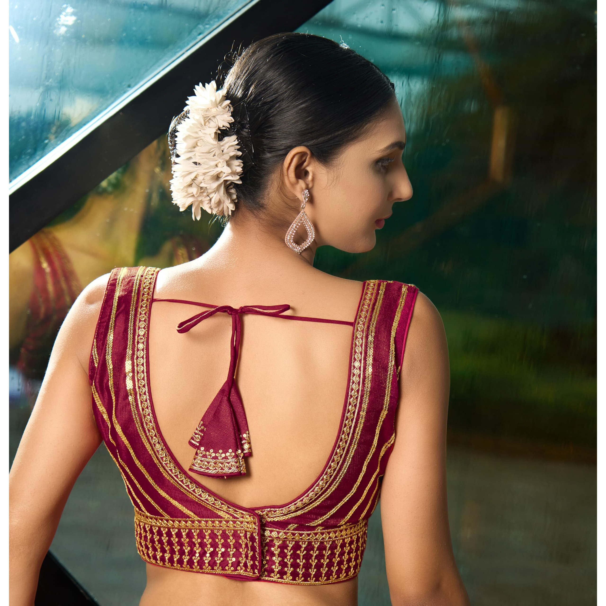 Pujia Mills Women's Readymade Sleeveless Sweetheart Neck Back Hook Open Saree Fancy Blouse (Maroon, 36)