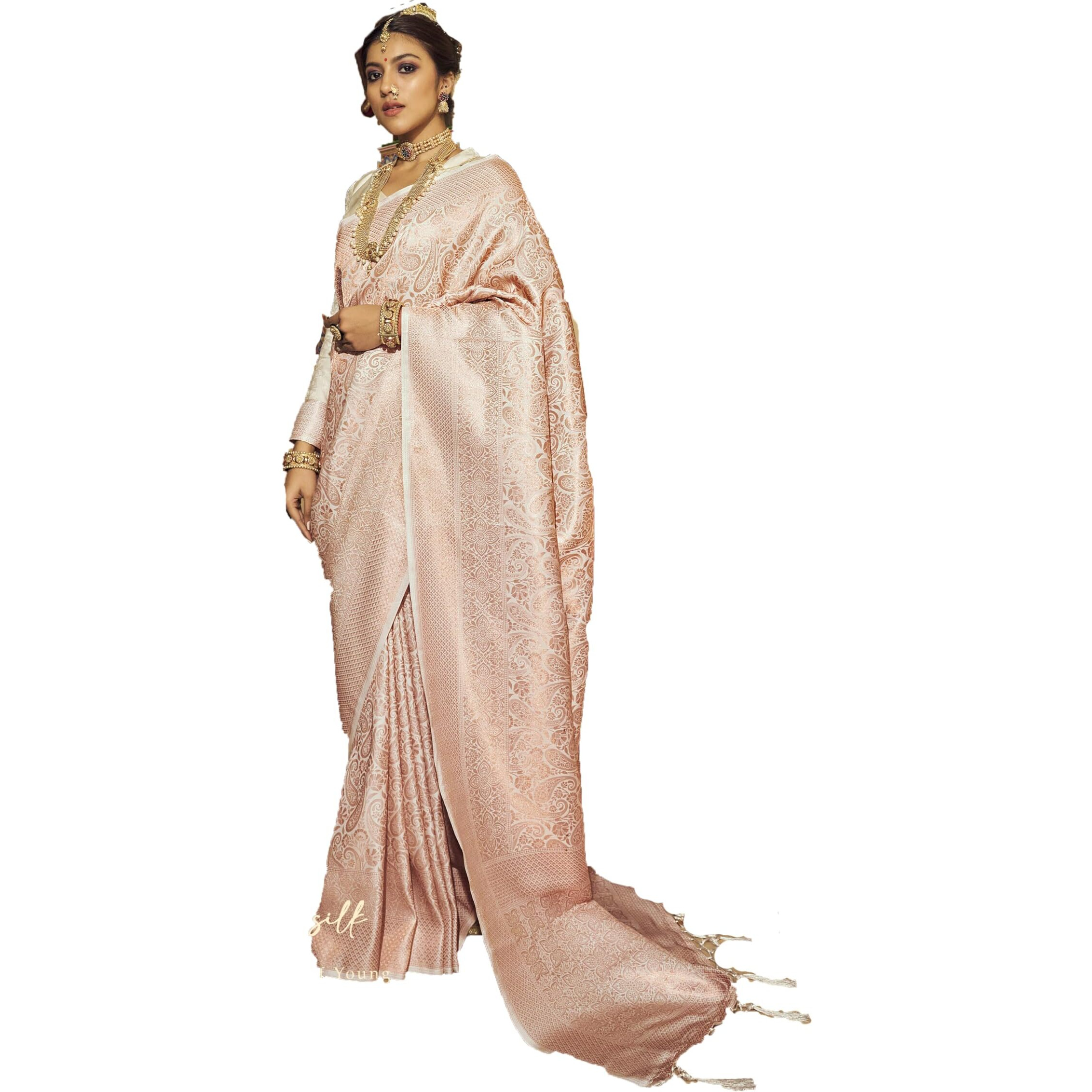Pujia Mills Womans Handloom Banarasi Silk Saree With Zari Weaving Indian Ethnic Wear Jacquard Silk Saree Weaving Zari Border Saree Pink Color Wedding Saree For Bridal