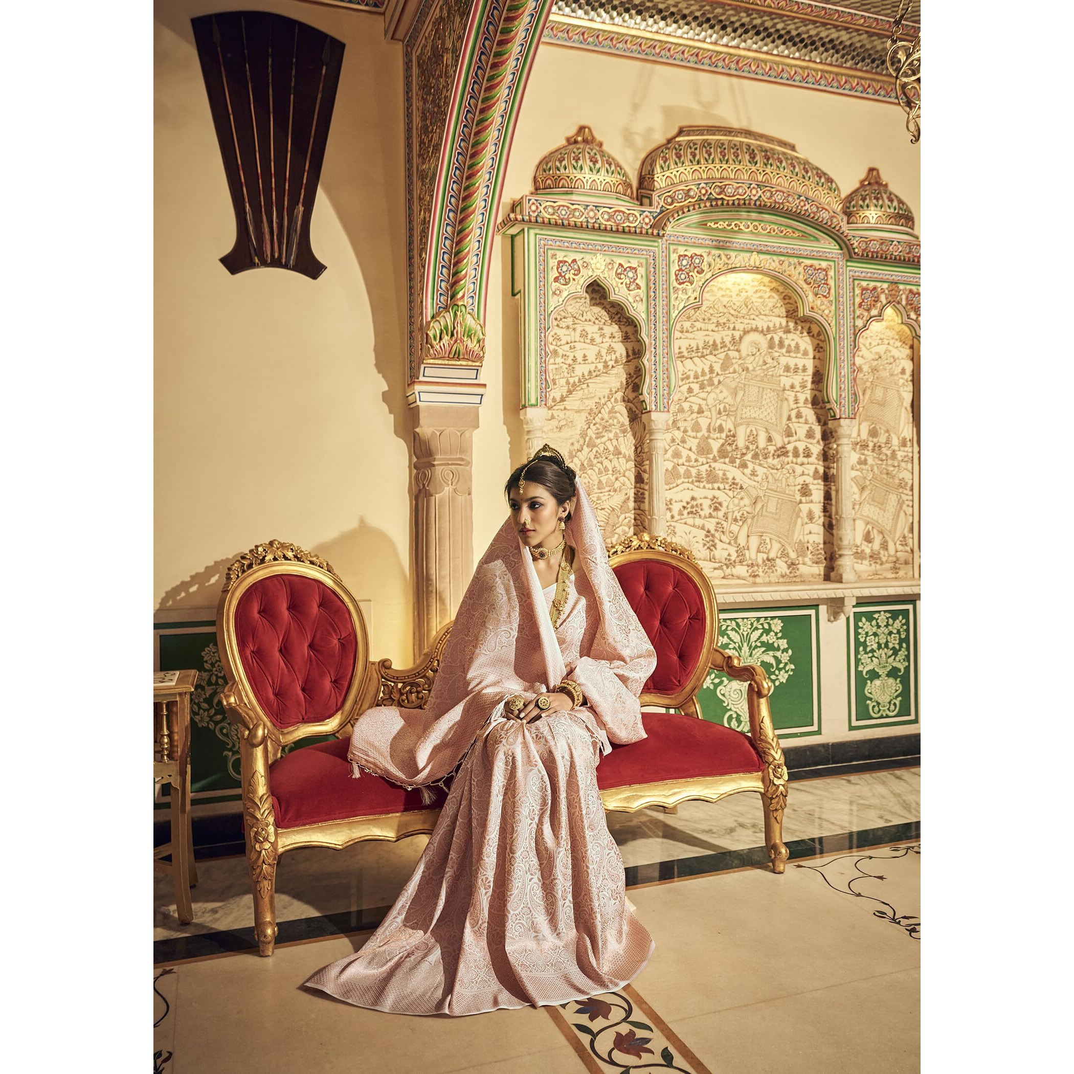 Pujia Mills Womans Handloom Banarasi Silk Saree With Zari Weaving Indian Ethnic Wear Jacquard Silk Saree Weaving Zari Border Saree Pink Color Wedding Saree For Bridal