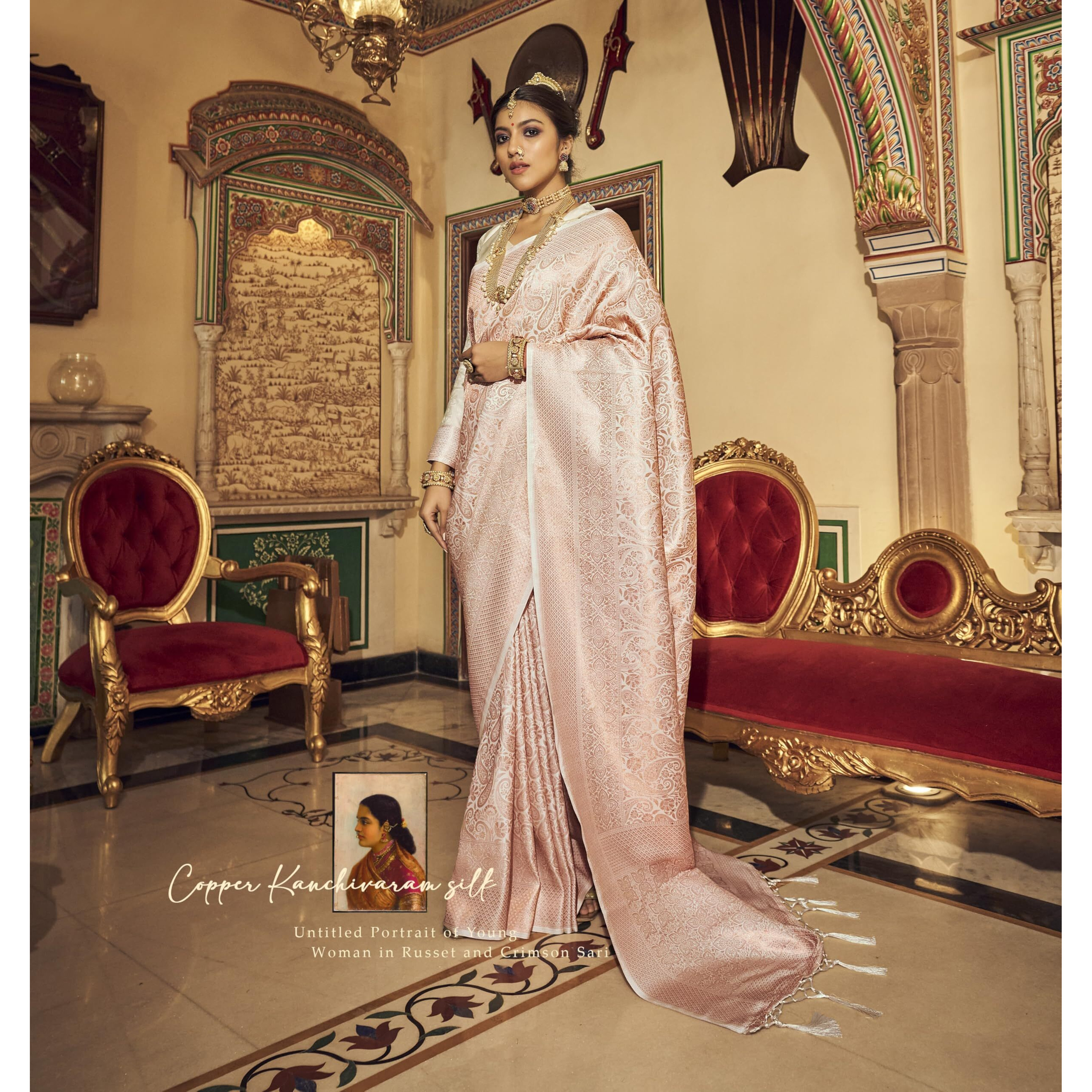 Pujia Mills Womans Handloom Banarasi Silk Saree With Zari Weaving Indian Ethnic Wear Jacquard Silk Saree Weaving Zari Border Saree Pink Color Wedding Saree For Bridal