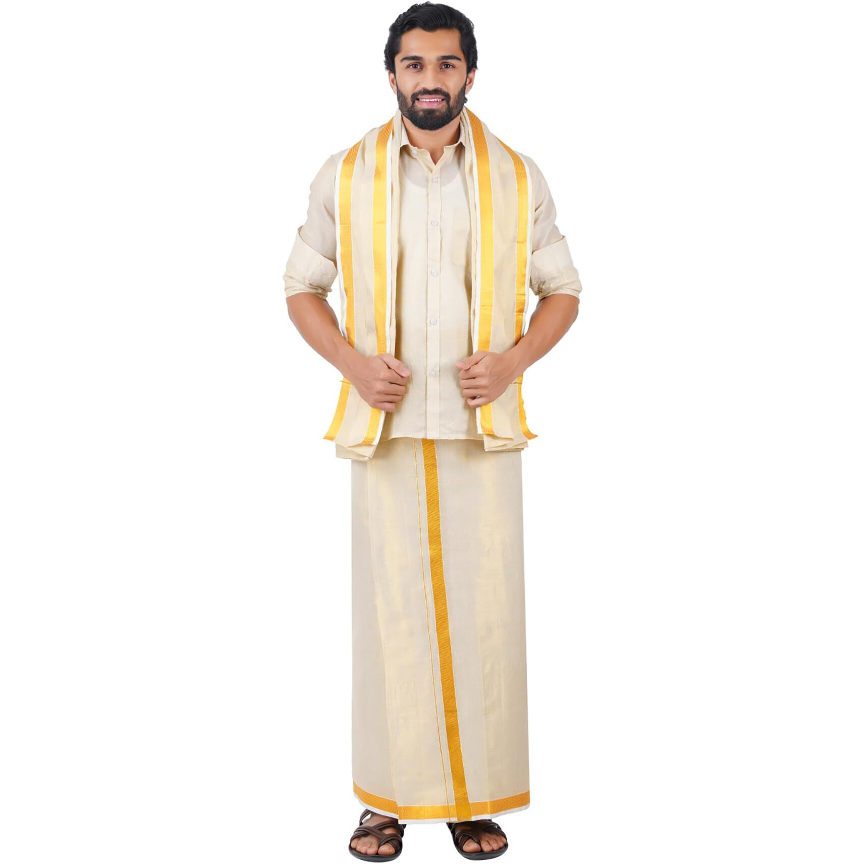 Prakasam Cotton Men's Tissue 3In1 (Shirt,Dhoti And Towel) Set (Shirt 42 + Dhoti 1.28X4.00 Mtrs + Towel 1.80 Mtrs)