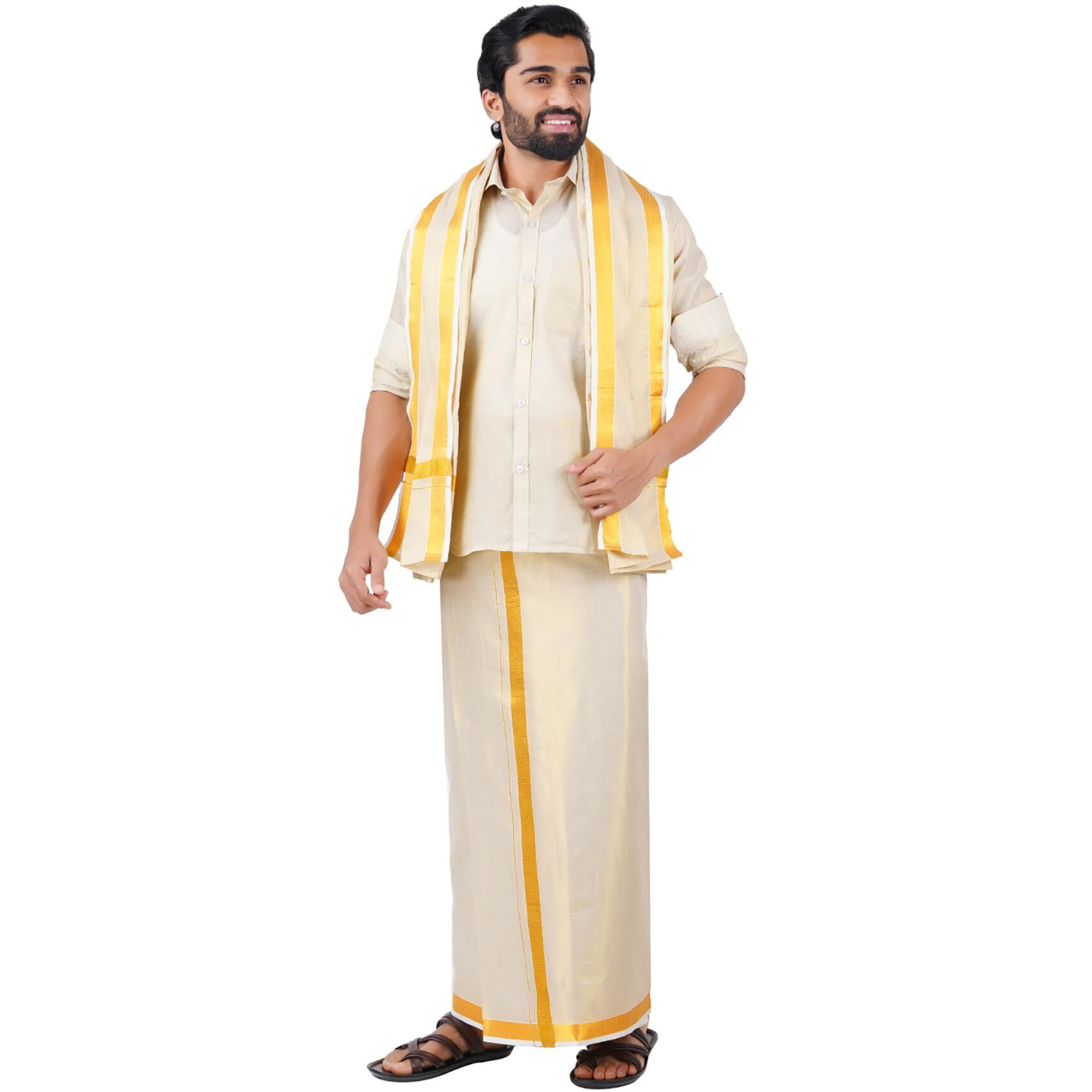 Prakasam Cotton Men's Tissue 3In1 (Shirt,Dhoti And Towel) Set (Shirt 42 + Dhoti 1.28X4.00 Mtrs + Towel 1.80 Mtrs)