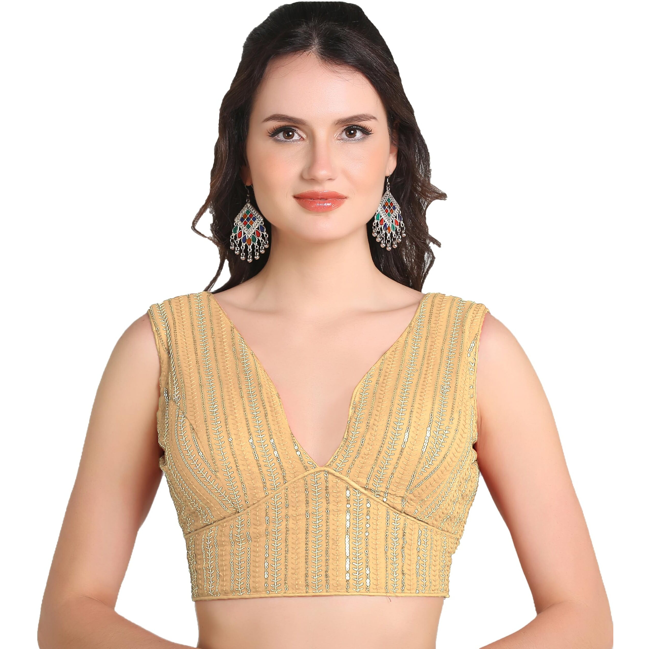 Pujia Mills Women's Indian Ethnic Wear Sabyasachi Sequence With Dhaga Embroidered Zari Work Sweetheart Neck Blouse Sleeveless Readymade Padded Saree Back Open String Pattern Blouse