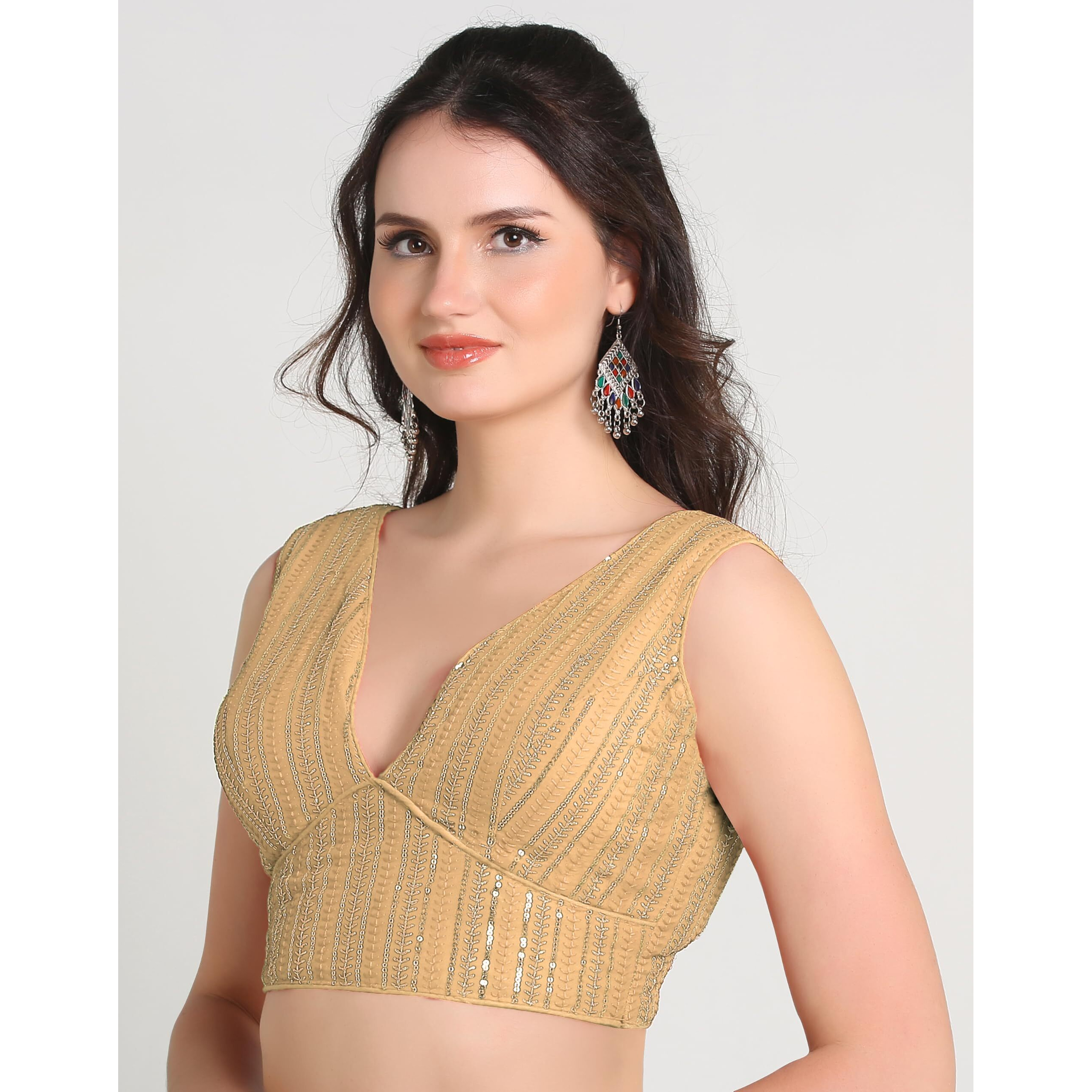 Pujia Mills Women's Indian Ethnic Wear Sabyasachi Sequence With Dhaga Embroidered Zari Work Sweetheart Neck Blouse Sleeveless Readymade Padded Saree Back Open String Pattern Blouse