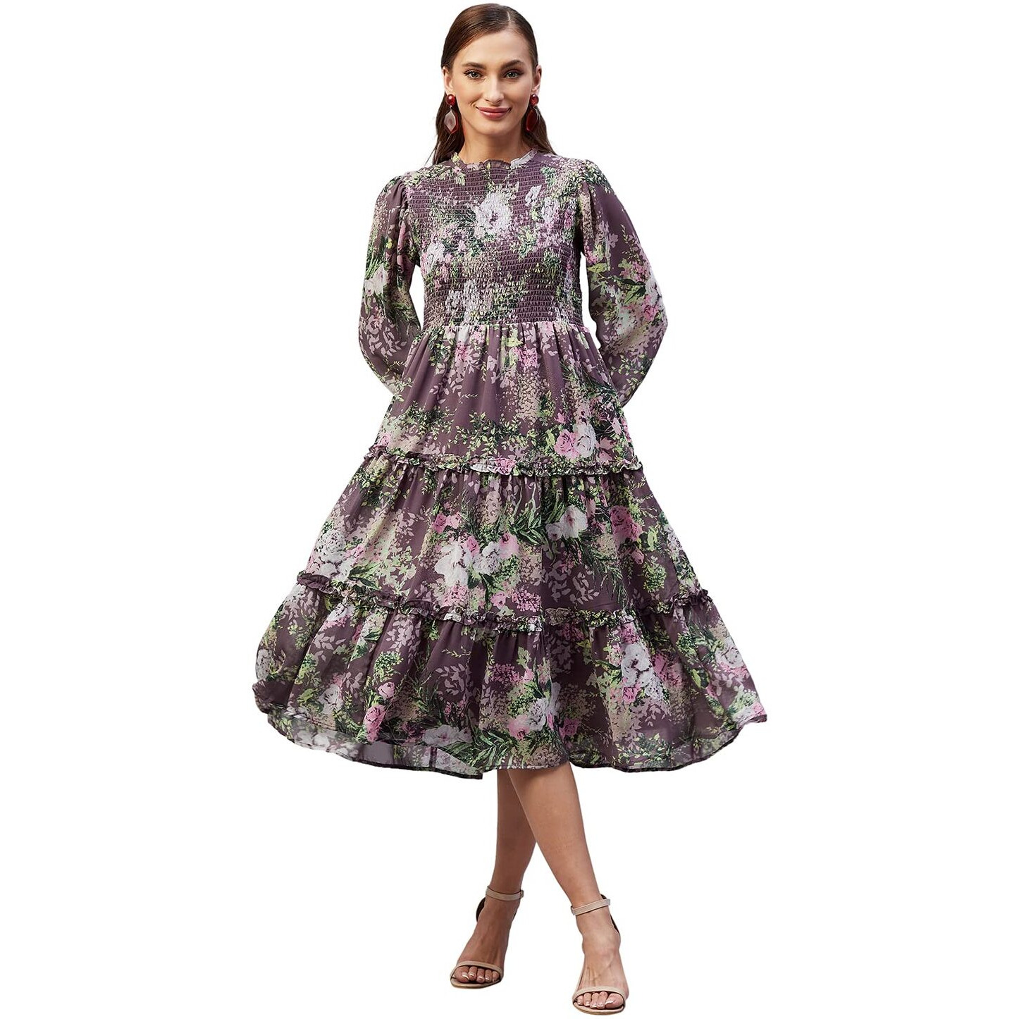 Rare Women Casual Mauve Colour Fit And Flare Midi Floral Dress, Pink, Xl